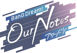 游戏《BanG Dream! 交织的乐章》（バンドリ！アワーノーツ）的标志图样，整体呈横向延展的带状构图。背景为蓝至紫色的渐层色块，并以数条白色五线谱横线贯穿其间。左上方为白色英文“BanG Dream!”字样。中央位置以白色手写风格字体呈现较大的英文“Our Notes”，其中首字母“O”以圆弧笔画设计，字母“N”延伸为流线型笔画并与背景线条形成视觉连续。右下角附有较小的日文片假名“アワーノーツ”。整体标志以斜向切割的色块构成外框。